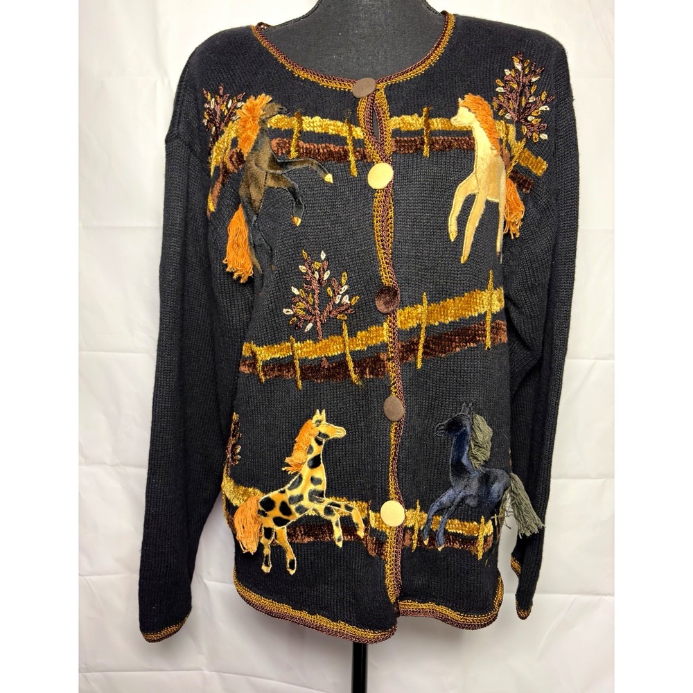 Vintage Victoria Harbour XL Black Knit Cardigan Sweater Button Embroidered Horse